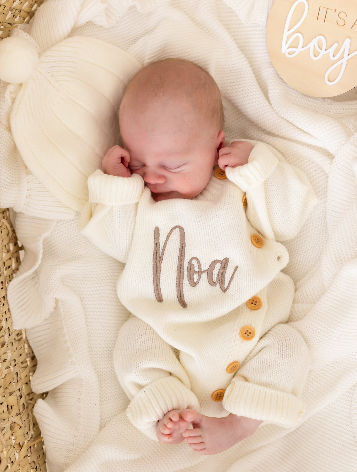 Cream Personalised Embroidered Long Sleeve Sleepsuit