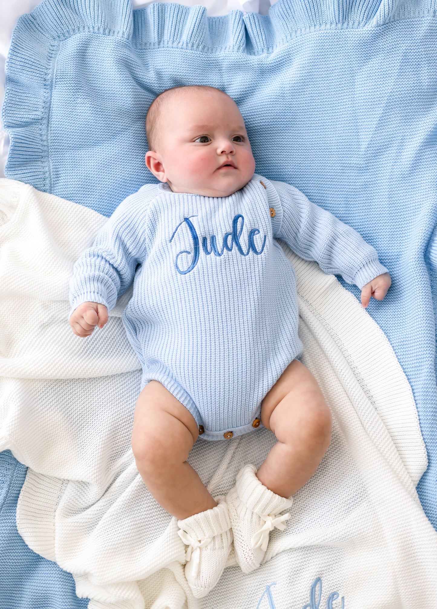 Blue Personalised Embroidered Long Sleeve Romper