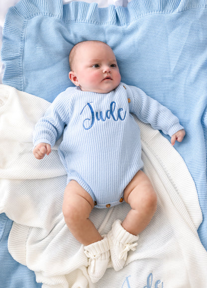 Blue Personalised Embroidered Long Sleeve Romper