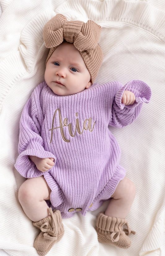 Spring Lilac Personalised Embroidered Long Sleeve leg frill Romper (Copy)