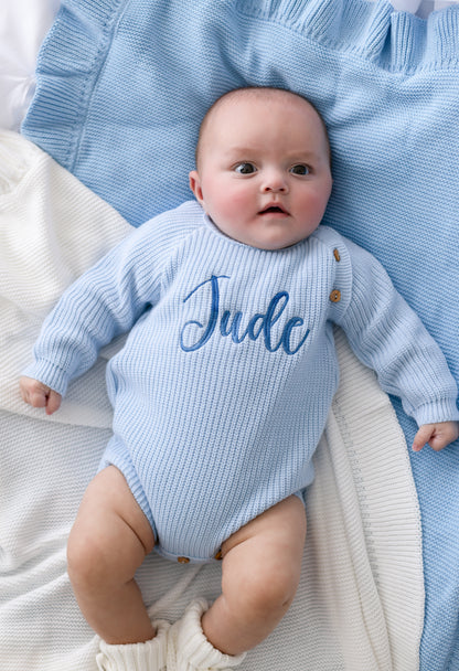 Blue Personalised Embroidered Long Sleeve Romper