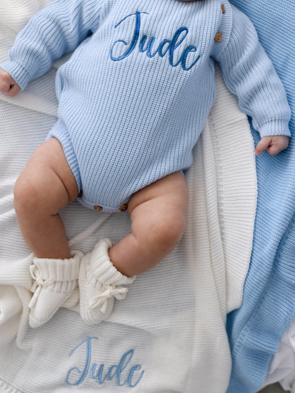 Blue Personalised Embroidered Long Sleeve Romper