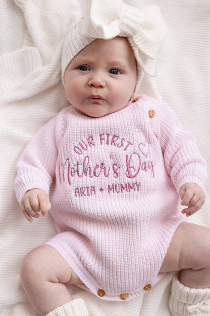 'Our First Mother's Day Embroidered Personalised Knitted Romper