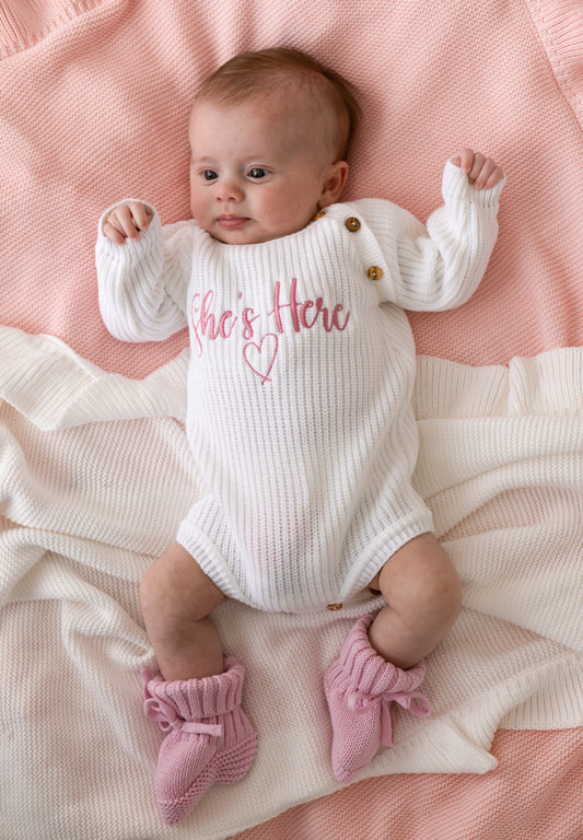 She's Here Embroidered Long Sleeve Romper