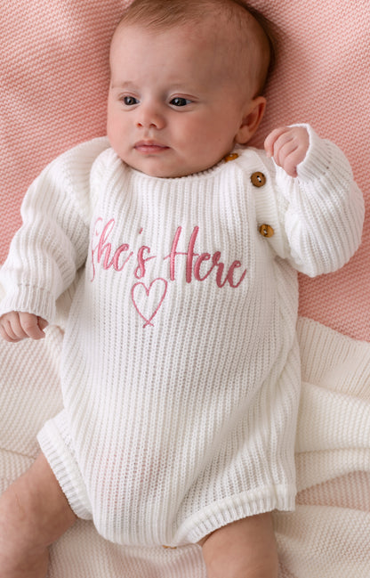 She's Here Embroidered Long Sleeve Romper