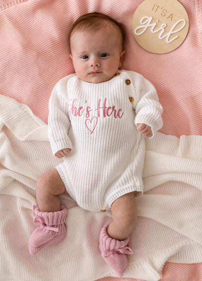She's Here Embroidered Long Sleeve Romper