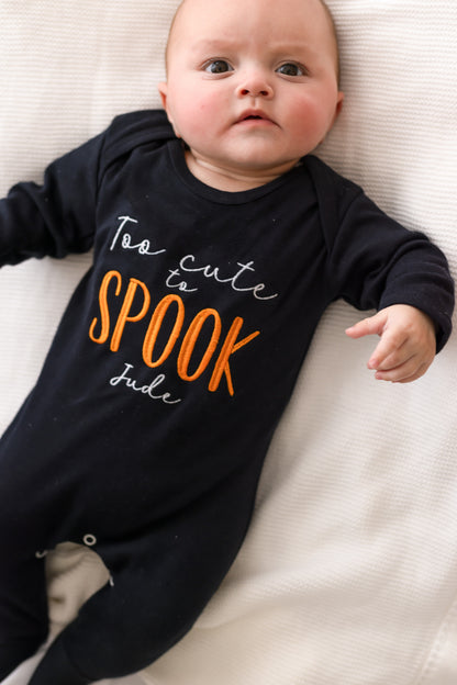'Too cute to Spook' embroidered personalised Halloween babygro