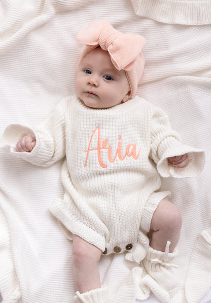 Spring White Personalised Embroidered Long Sleeve leg frill Romper