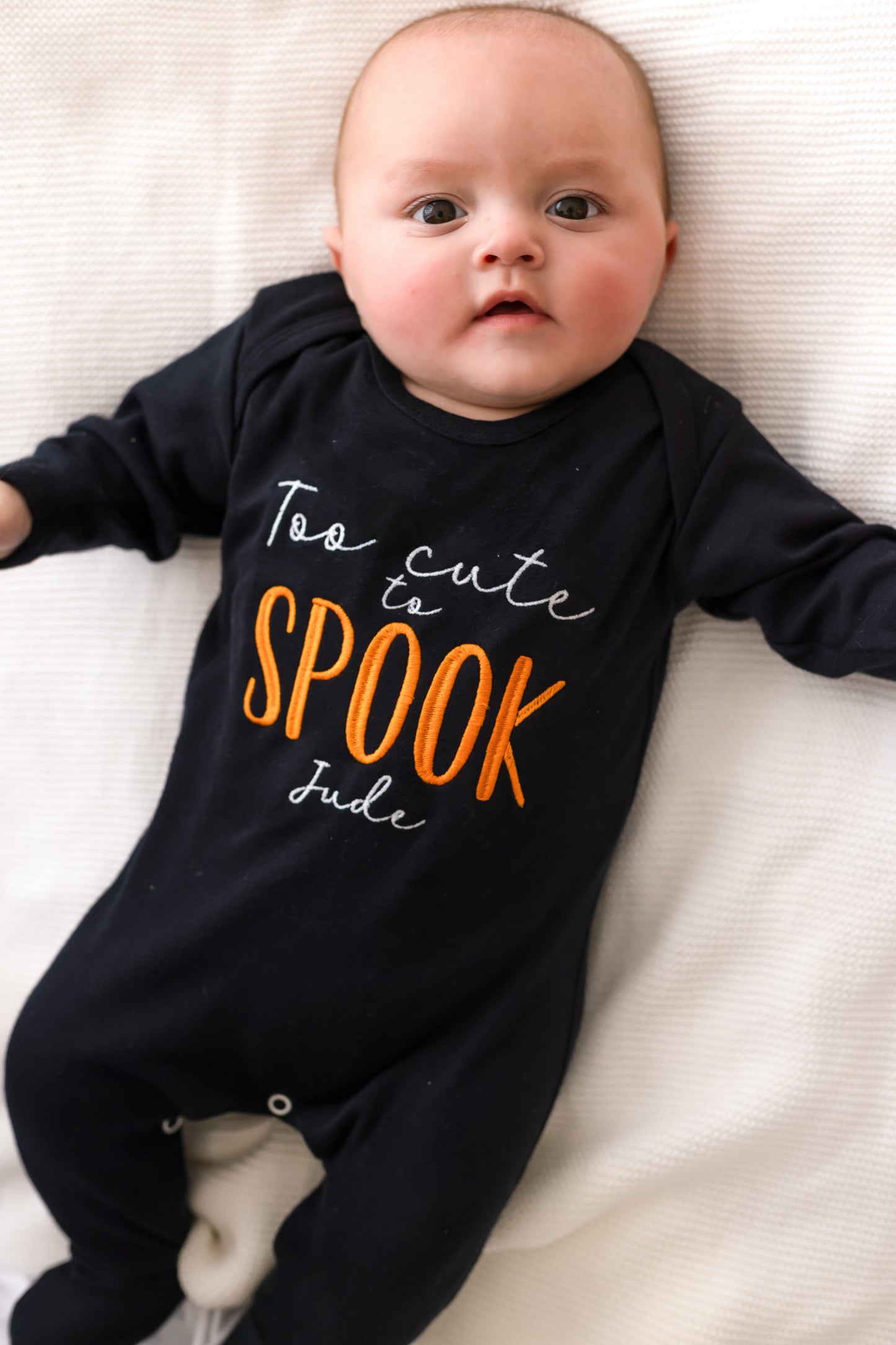 'Too cute to Spook' embroidered personalised Halloween babygro