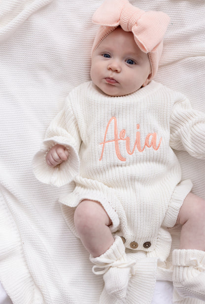 Spring White Personalised Embroidered Long Sleeve leg frill Romper