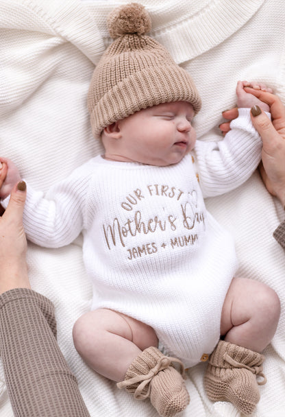 'Our First Mother's Day Embroidered Personalised Knitted Romper