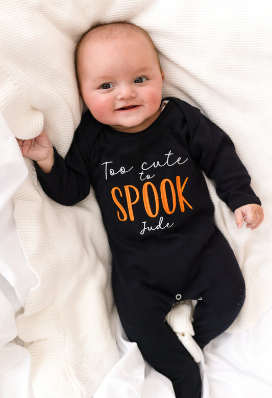 'Too cute to Spook' embroidered personalised Halloween babygro
