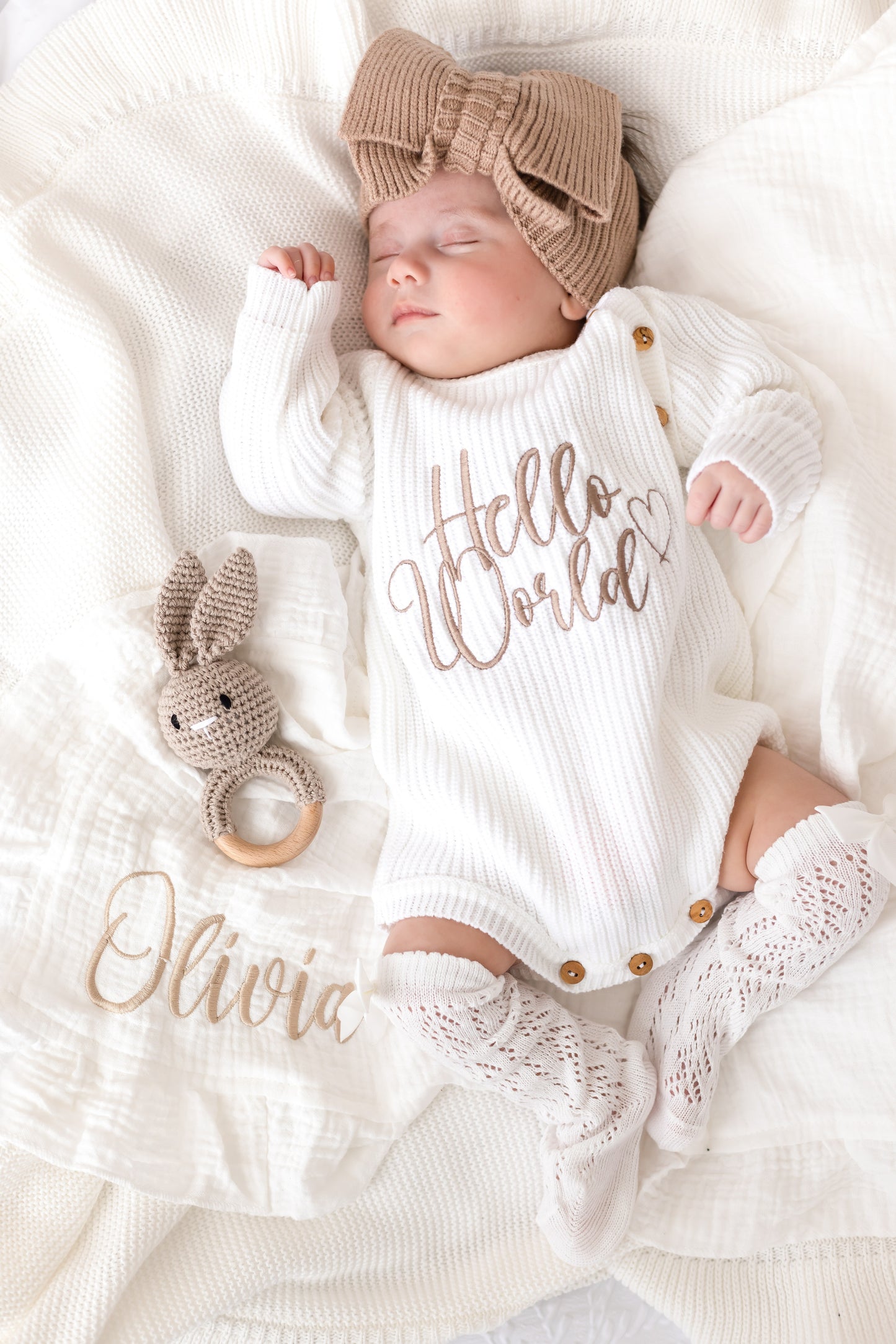 Hello World Embroidered Long Sleeve Romper