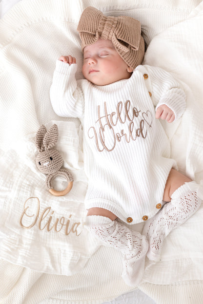 Hello World Embroidered Long Sleeve Romper