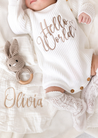 Hello World Embroidered Long Sleeve Romper