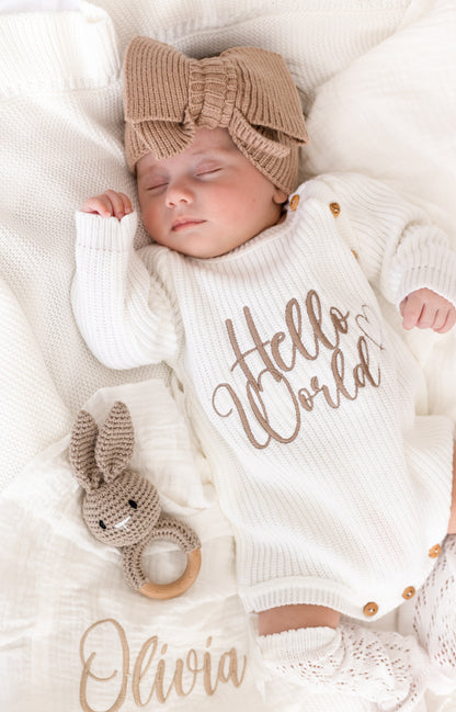 'Hello World' Personalised Embroidered Long Sleeve Romper