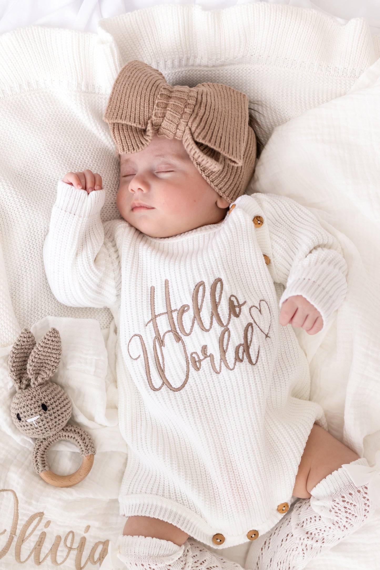 Hello World Embroidered Long Sleeve Romper