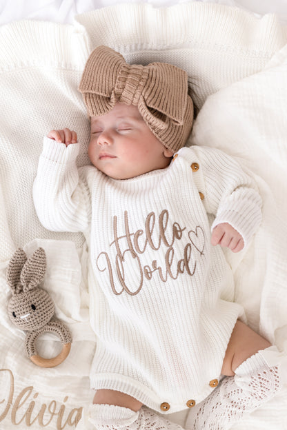 Hello World Embroidered Long Sleeve Romper