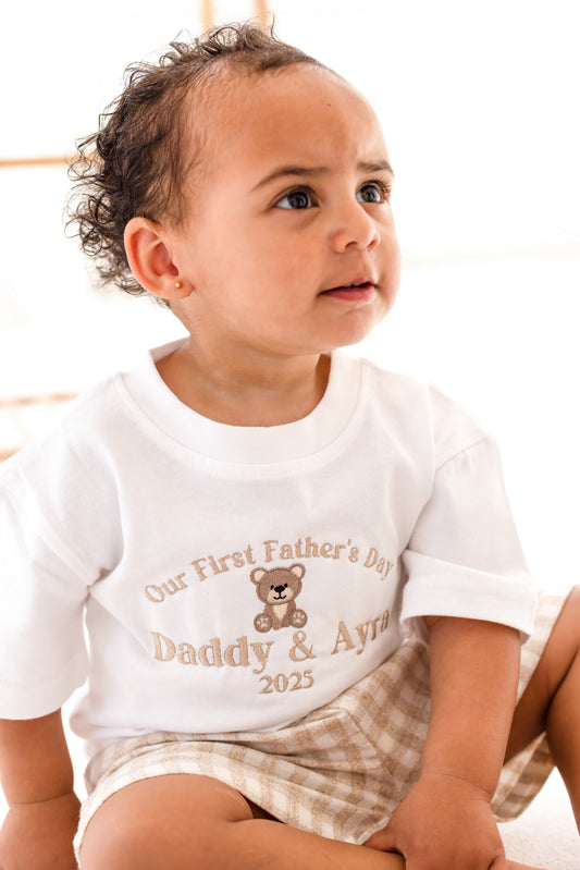 Personalised 'Our First Father's Day 2026' embroidered bear t shirt