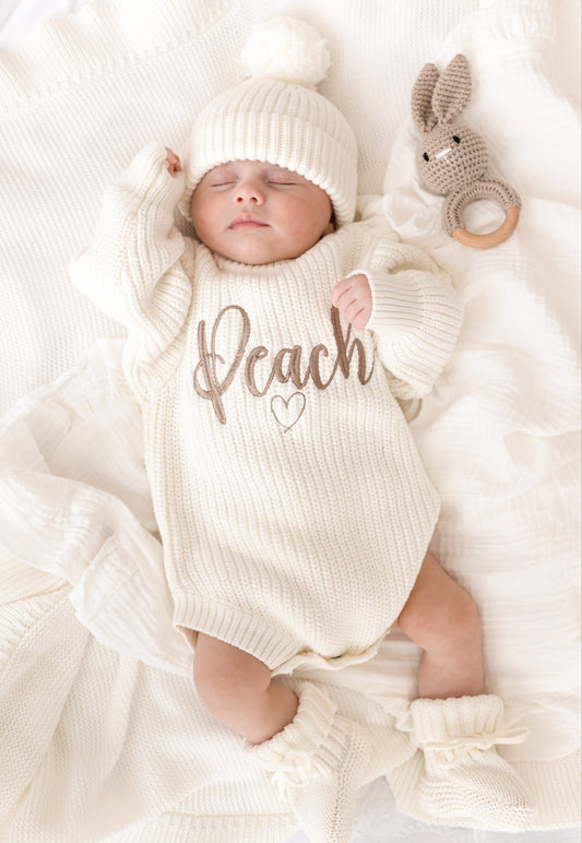 Ivory 3pcs romper, hat and bootie set
