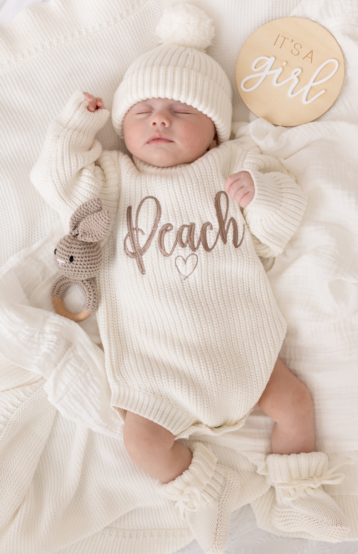 Ivory 3pcs romper, hat and bootie set