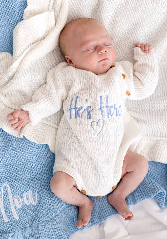 He's Here Embroidered Long Sleeve Romper