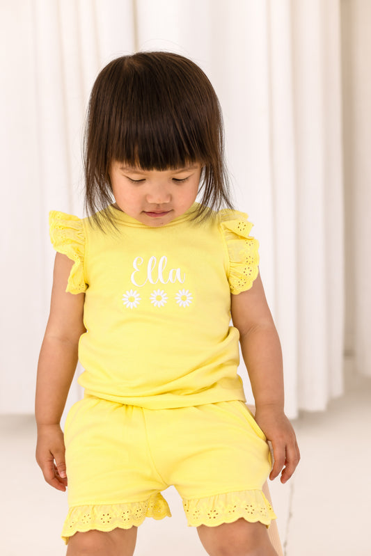 Personalised embroidered daisy lace trim t shirt and short set