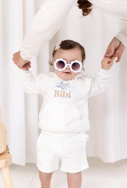 Child's personalised embroidered holiday hoodie - the perfect airport outfit!