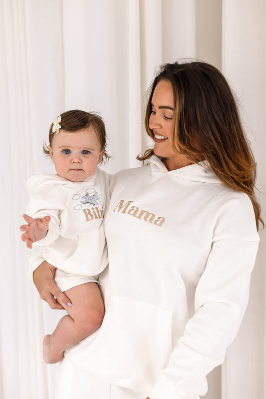 Ladies embroidered holiday mama matching hoodie - with optional aeroplane design