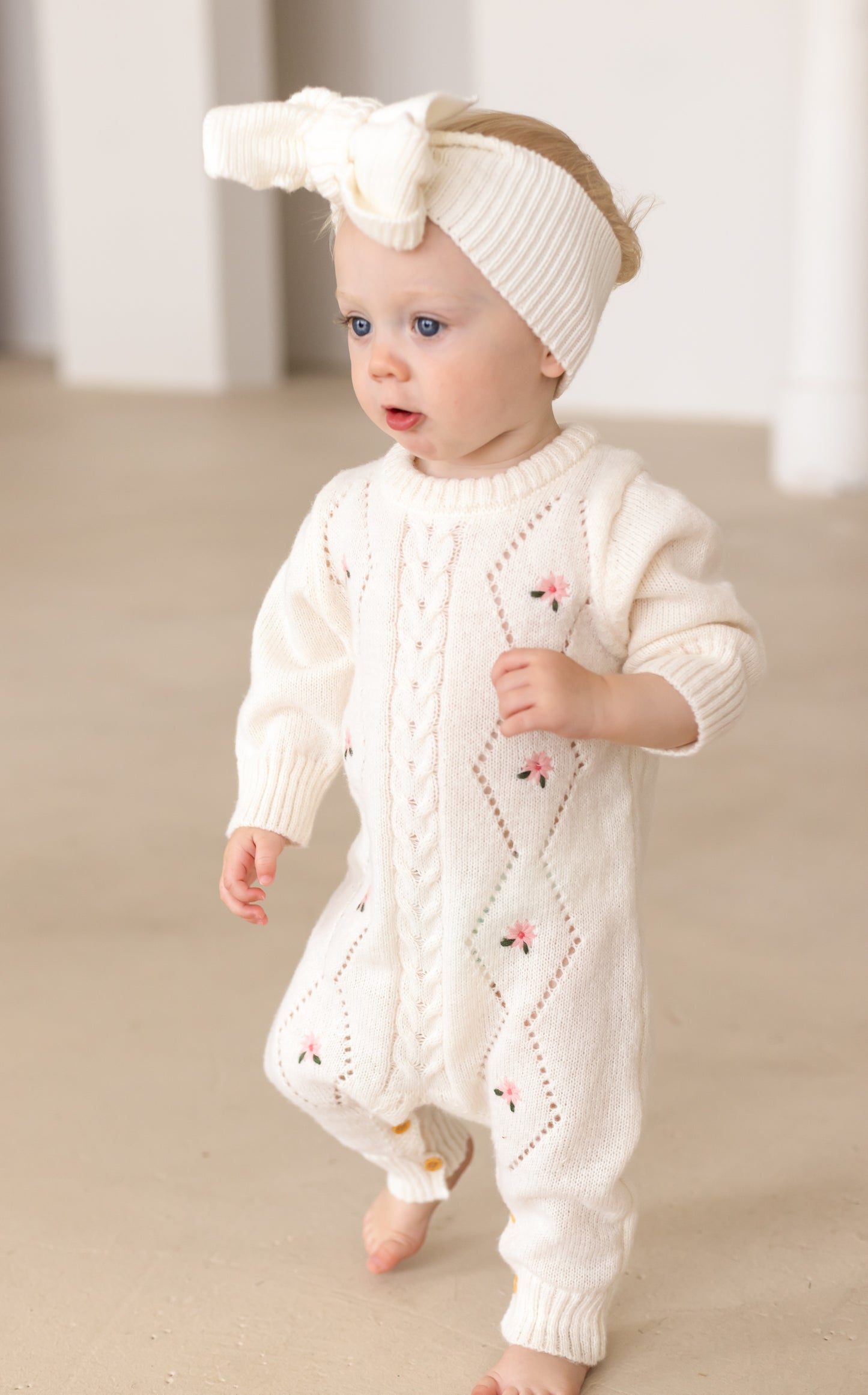 Cream Floral Pointelle Long Sleeve Romper