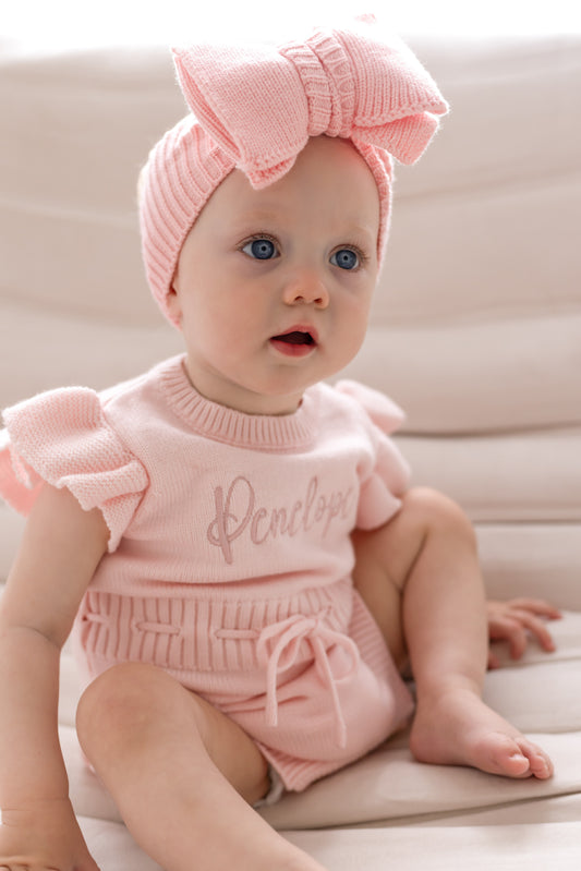Pink Soft Knit Personalised Embroidered frill sleeve romper
