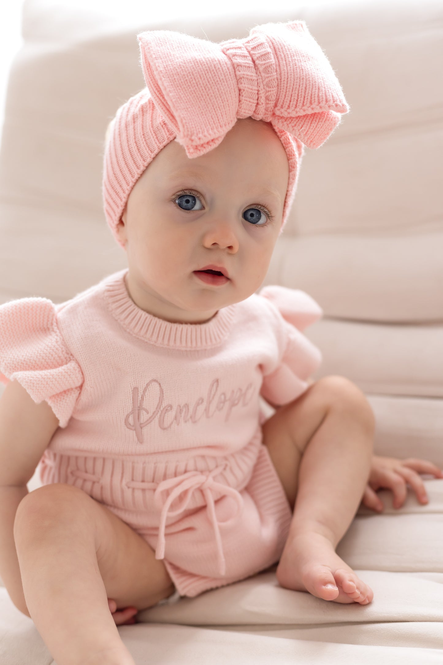 Pink Soft Knit Personalised Embroidered frill sleeve romper