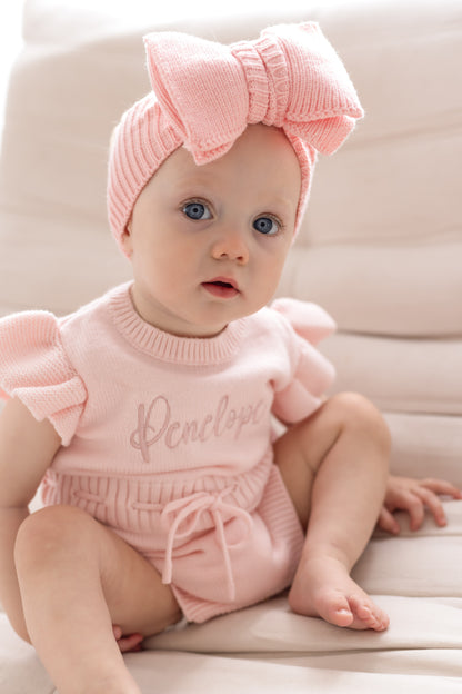 Pink Soft Knit Personalised Embroidered frill sleeve romper