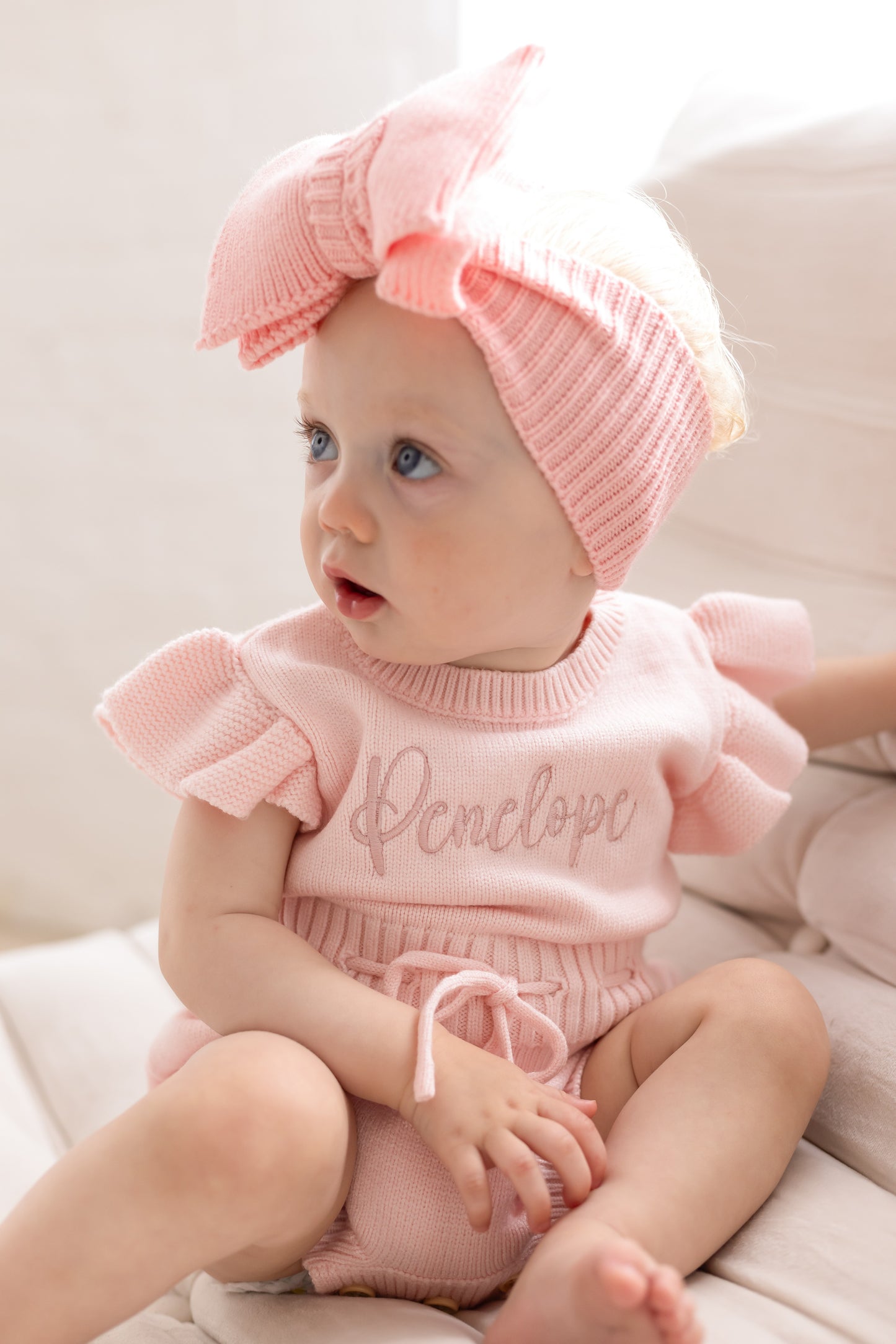 Pink Soft Knit Personalised Embroidered frill sleeve romper
