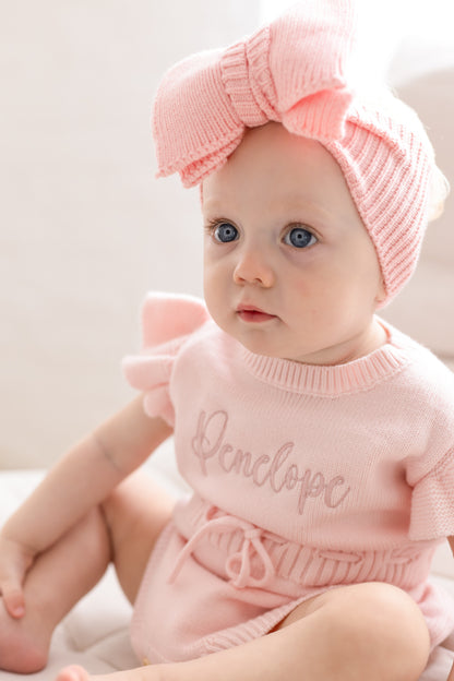 Pink Soft Knit Personalised Embroidered frill sleeve romper