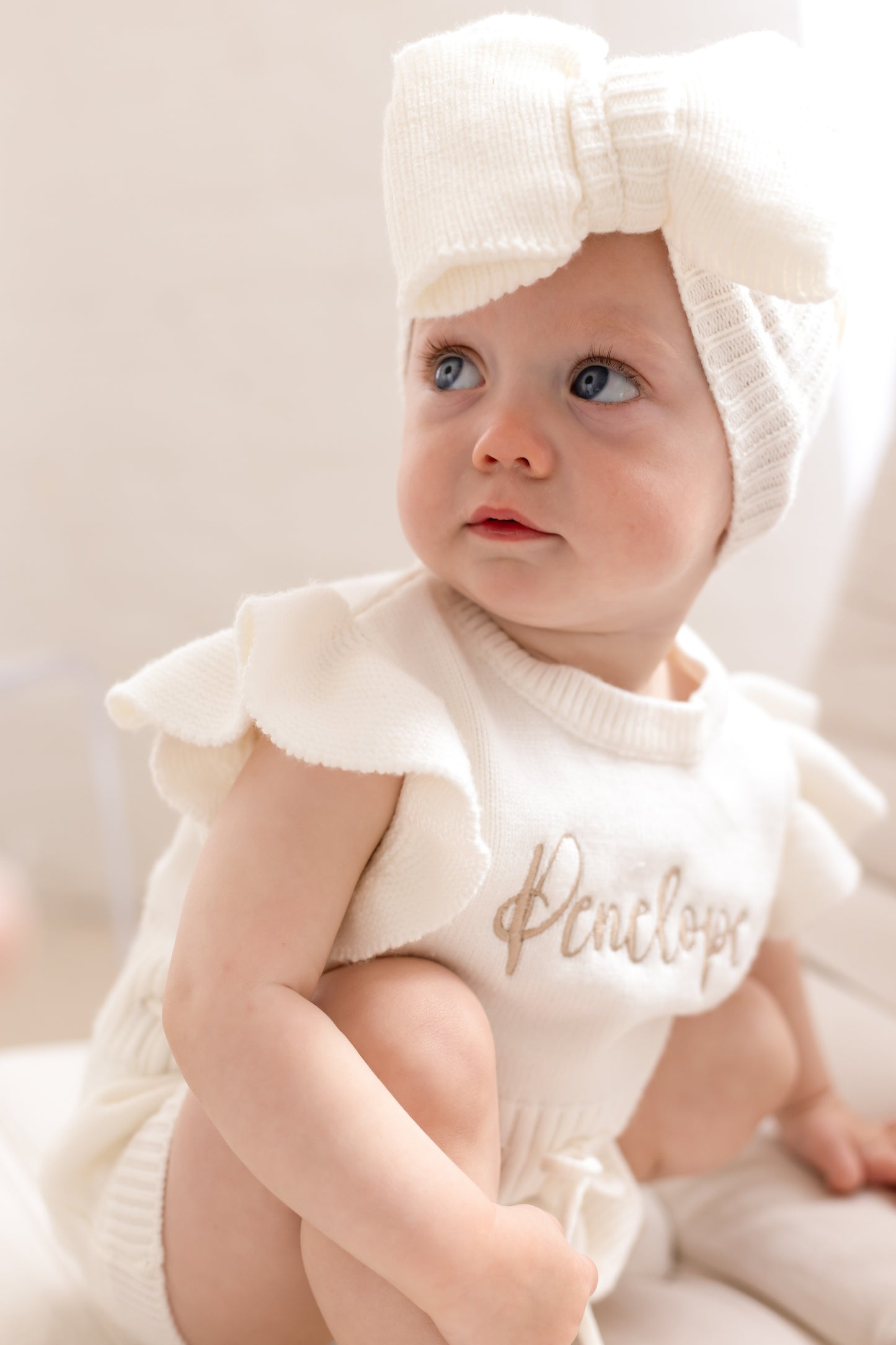 Ivory Soft Knit Personalised Embroidered frill sleeve romper