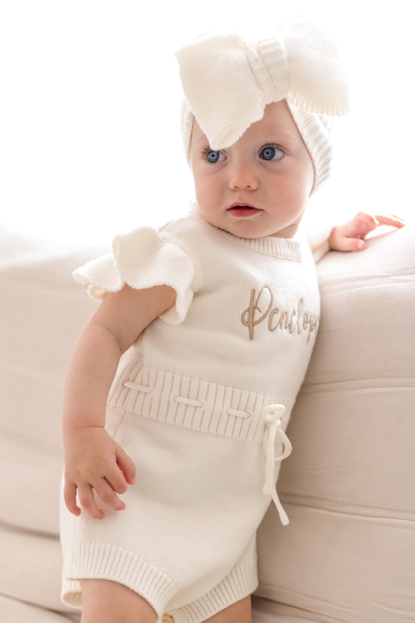 Ivory Soft Knit Personalised Embroidered frill sleeve romper