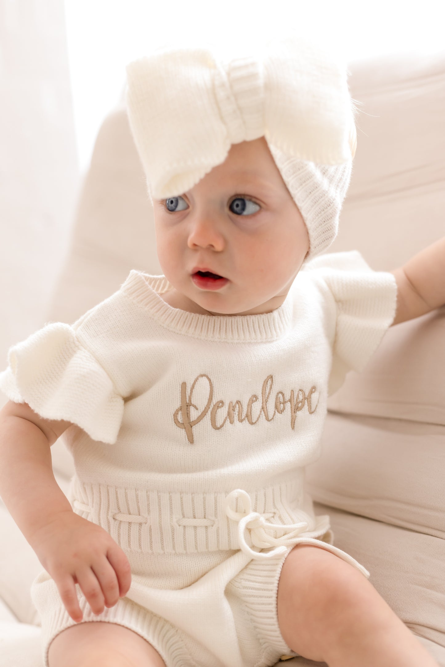 Ivory Soft Knit Personalised Embroidered frill sleeve romper
