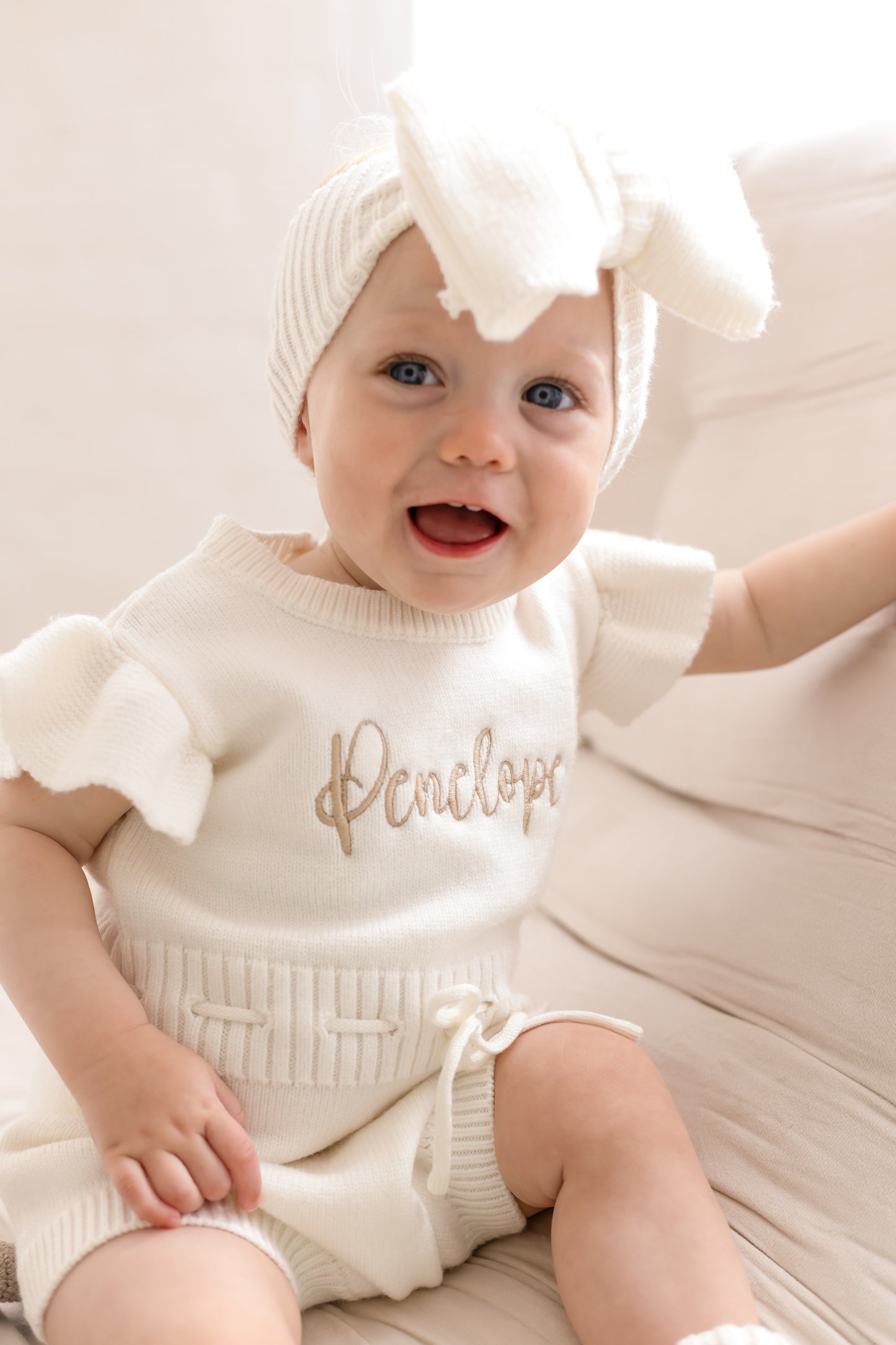 Ivory Soft Knit Personalised Embroidered frill sleeve romper