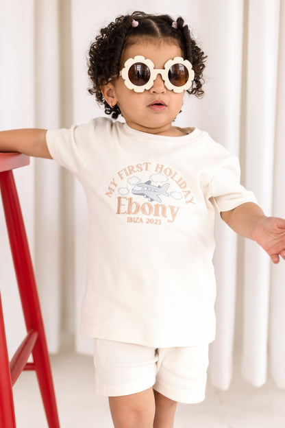 Personalised embroidered 'My First Holiday' T Shirt and Short Set