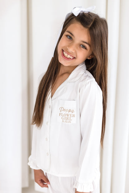 Child's embroidered 'Flower Girl/Bridesmaid' matt satin button through pyjamas