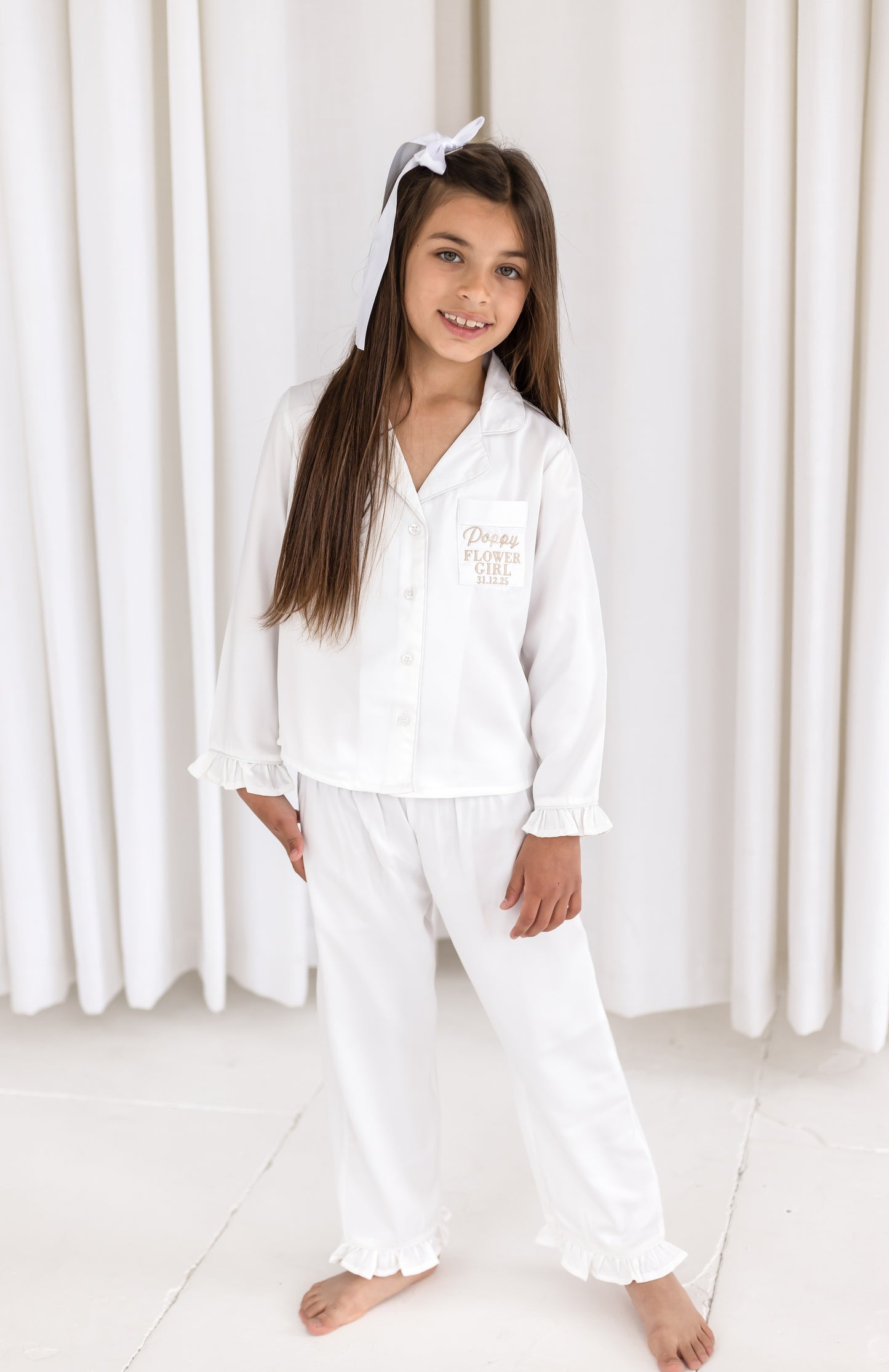 Child's embroidered 'Flower Girl/Bridesmaid' matt satin button through pyjamas