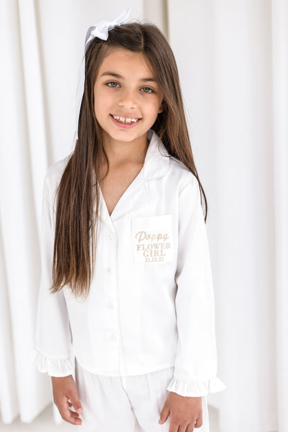Child's embroidered 'Flower Girl/Bridesmaid' matt satin button through pyjamas