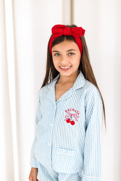 Personalised embroidered blue gingham cherry pyjamas