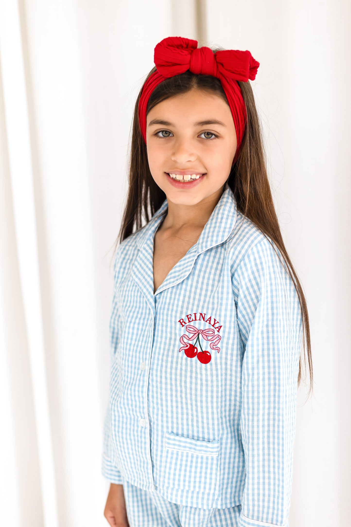 Personalised embroidered blue gingham cherry pyjamas