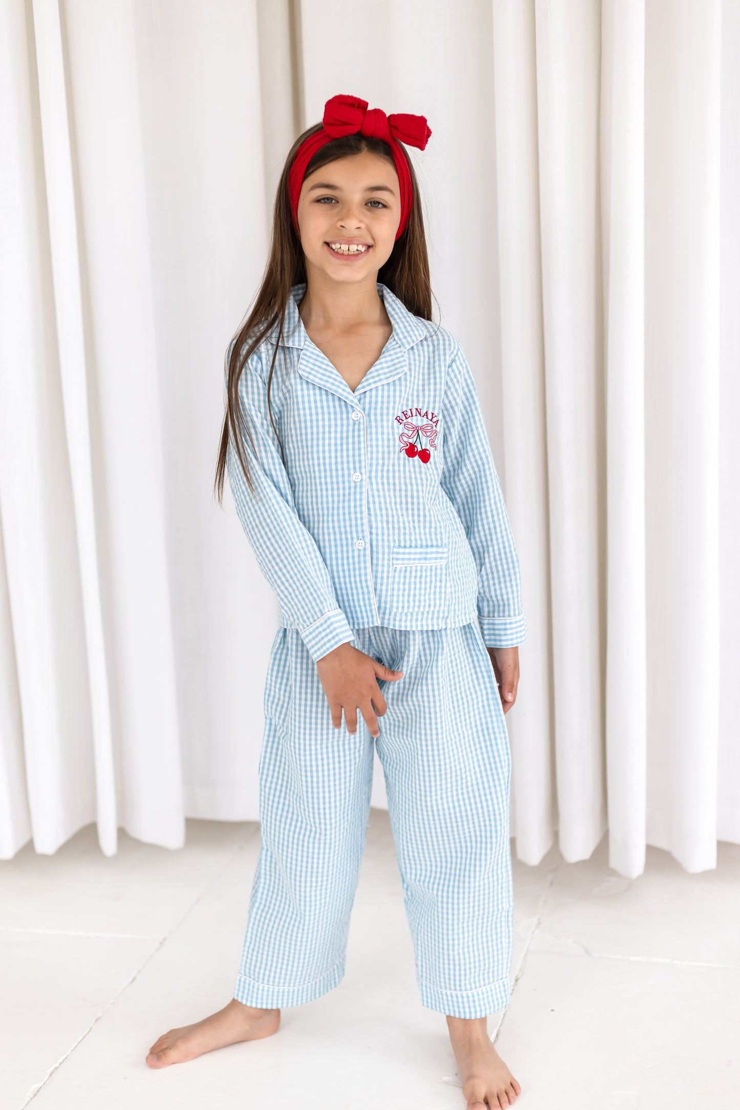 Personalised embroidered blue gingham cherry pyjamas