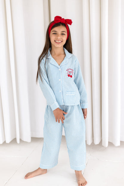 Personalised embroidered blue gingham cherry pyjamas