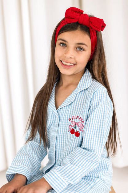 Personalised embroidered blue gingham cherry pyjamas