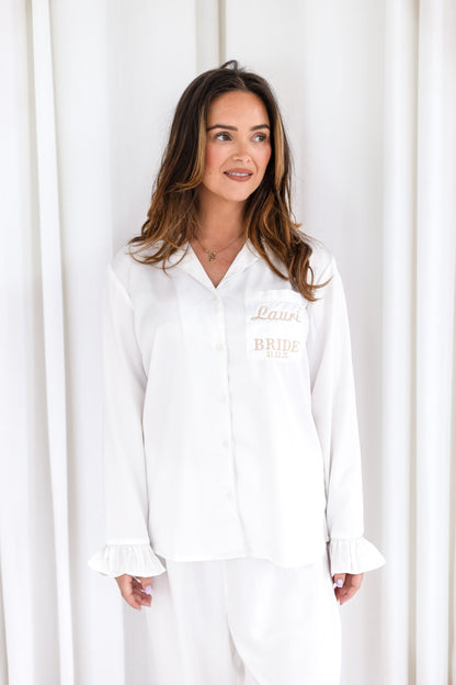 Embroidered Bridal matt satin button through pyjamas - available for Brides, Bridesmaids, Mother of the Bride, Maid of Honour, Hens