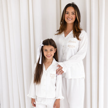 Embroidered Bridal matt satin button through pyjamas - available for Brides, Bridesmaids, Mother of the Bride, Maid of Honour, Hens